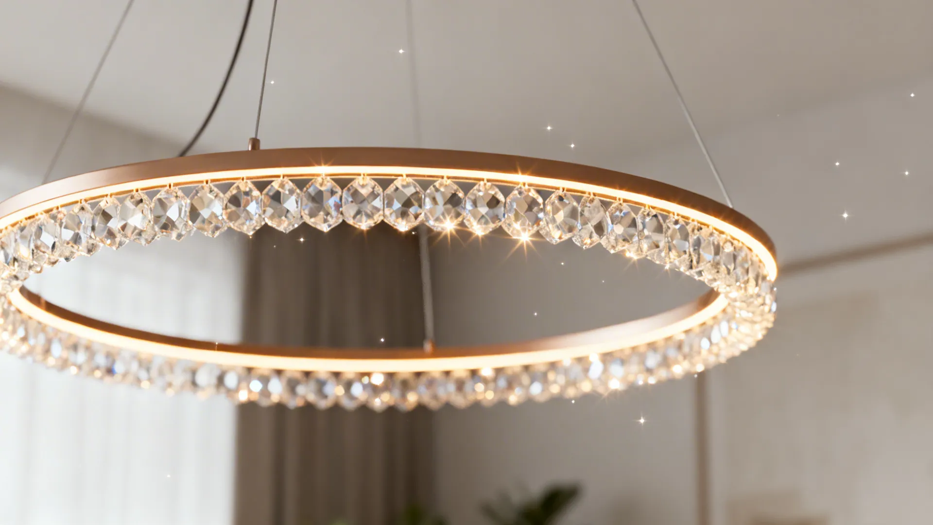 Minimalist ring chandelier with crystal trim glowing softly over a Scandinavian living room.