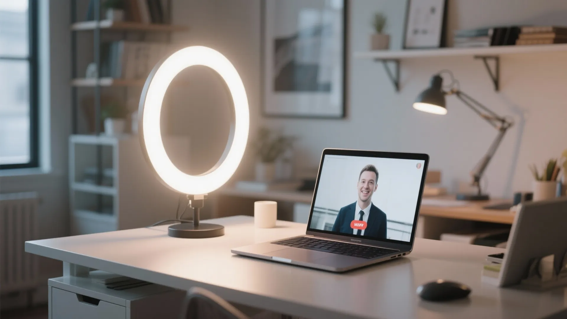 Circular ring light on a white desk next to a laptop showing a video call
