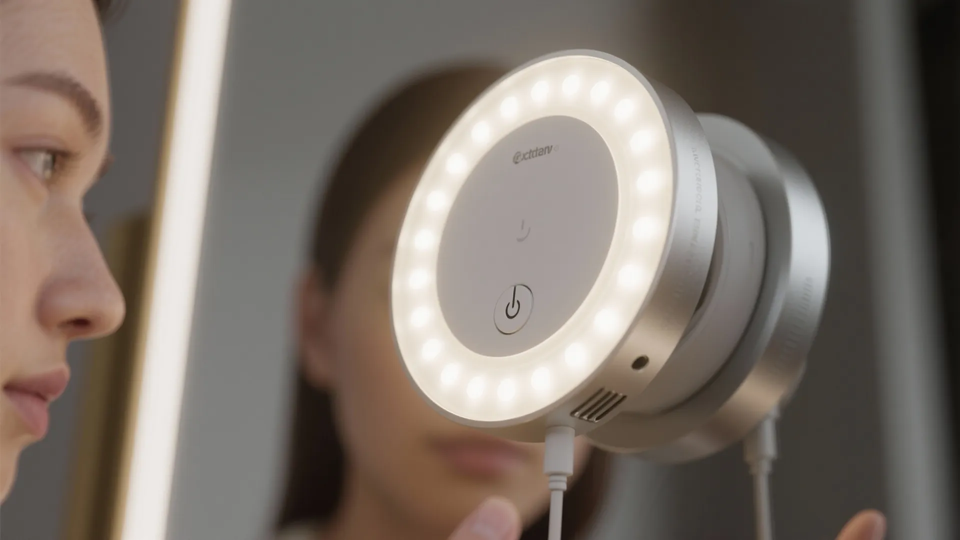 Macro view of a dimmable LED ring light attached to a mirror magnifier with touch dimmer detail.