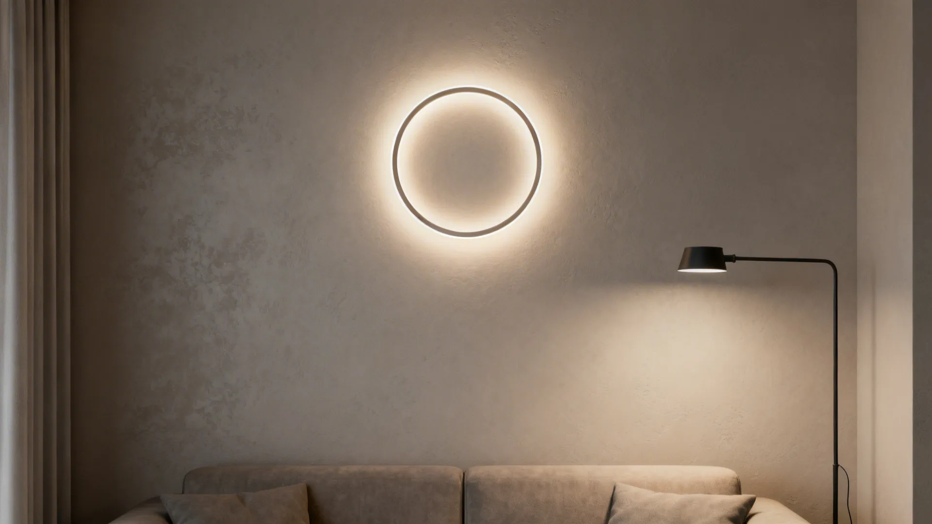 Minimal ring sconce with diffused backlight creating a soft halo above a sofa media wall.