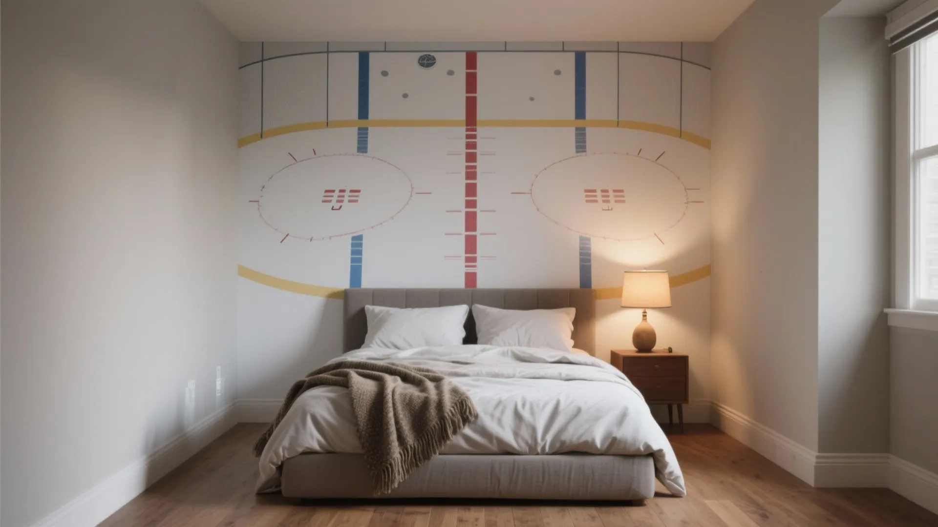 Modern bedroom featuring an ice hockey rink wall mural behind a comfortable grey upholstered bed