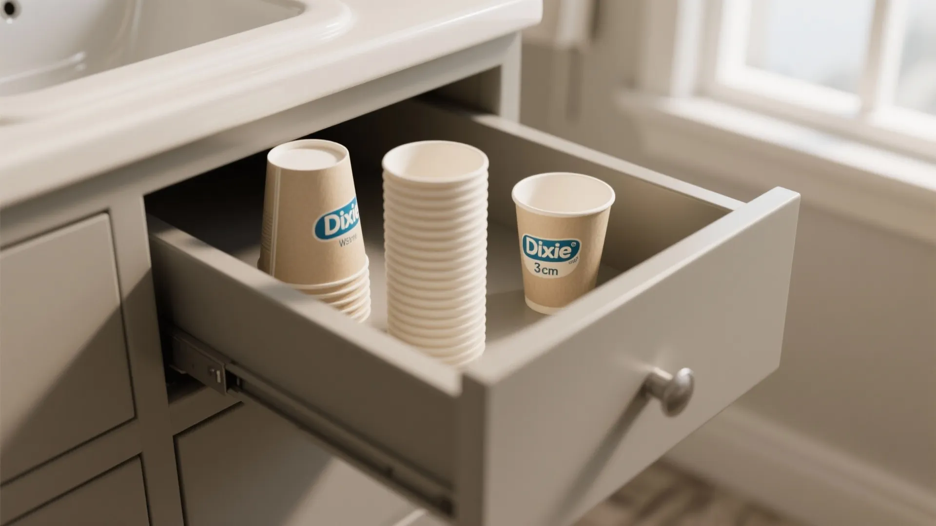 Open bathroom vanity drawer filled with several stacks of small paper cups for daily rinsing