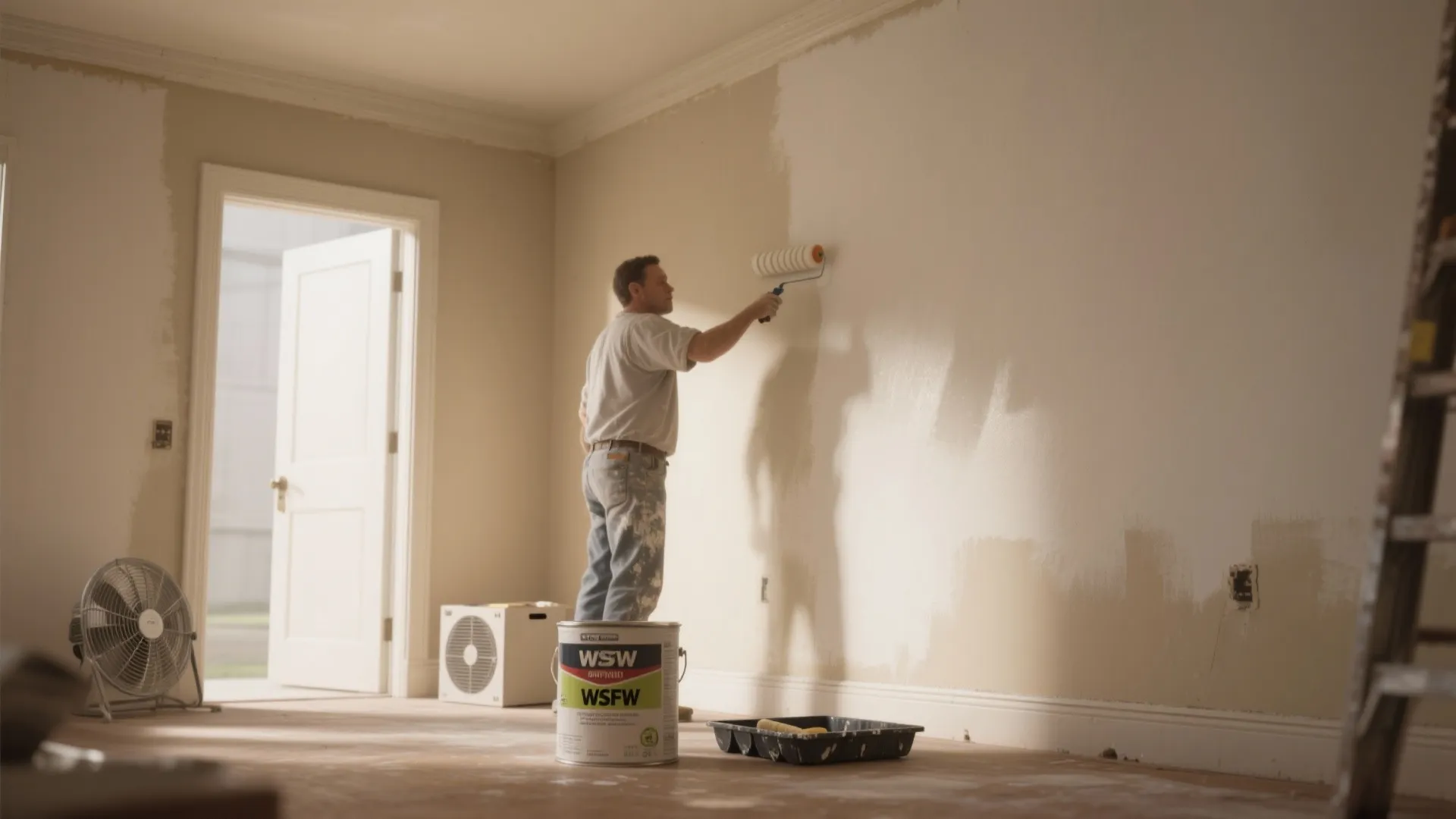 Man using a paint roller to apply white paint on a room wall during renovation