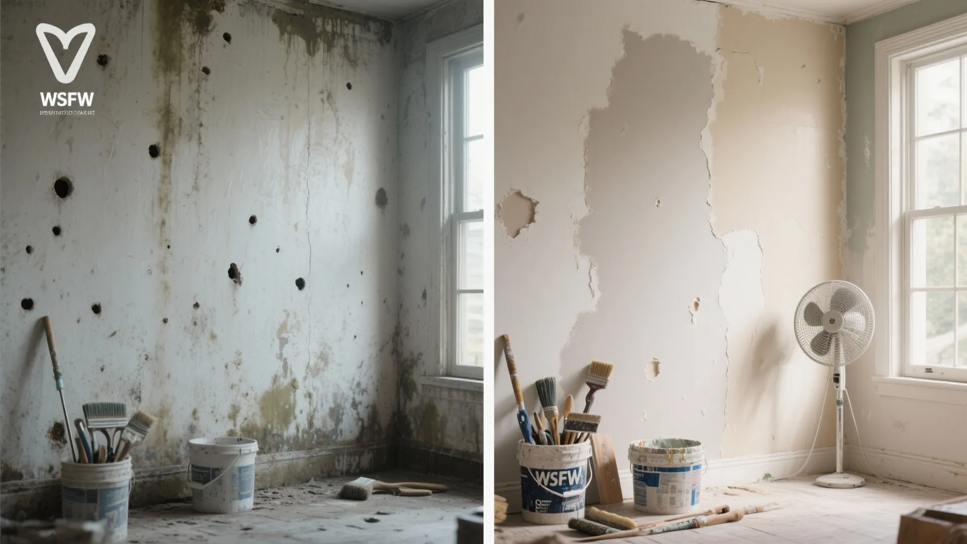 Before and after view showing repair of a moldy wall with paint cans and tools