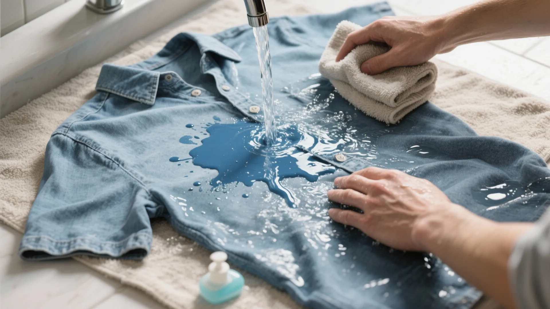 Top-down view of a shirt rinsed under cold water with dish soap and a towel underneath