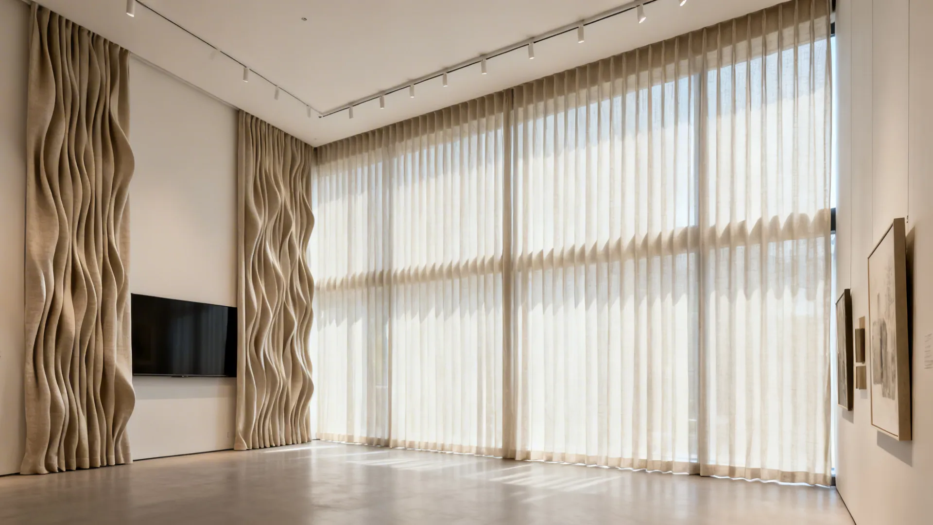 Ceiling-to-floor ripple-fold drapery spans a wide living room window wall.