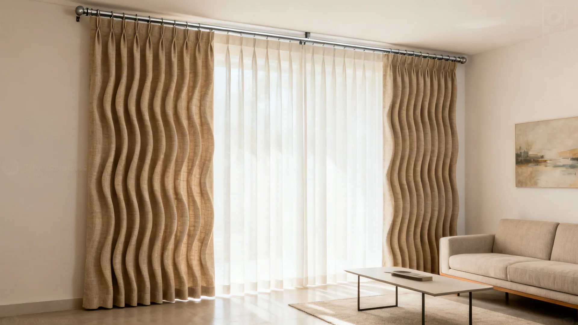 Compact living room with floor-to-ceiling ripple-fold drapes on a ceiling track, enhancing height.