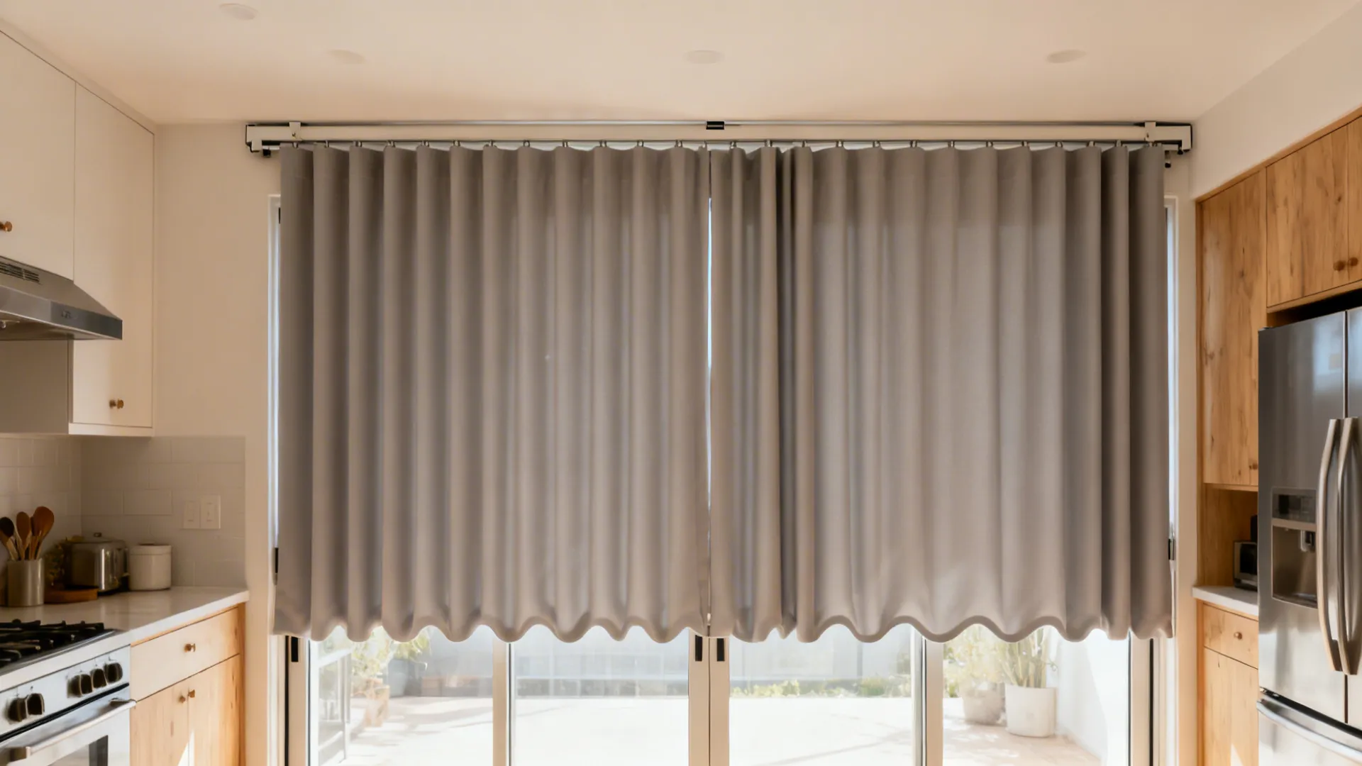 Ceiling-mounted ripple-fold performance polyester panels on a kitchen sliding door.