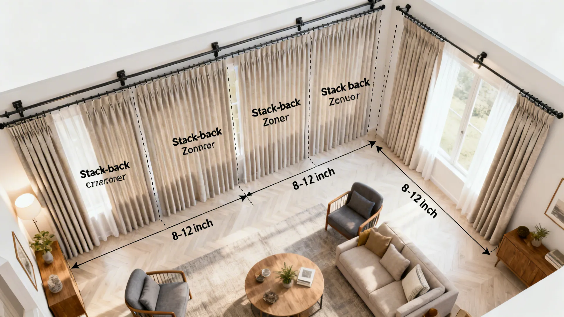 Overhead view showing wall-to-wall ceiling track and stack-back zones for ripple-fold drapes.