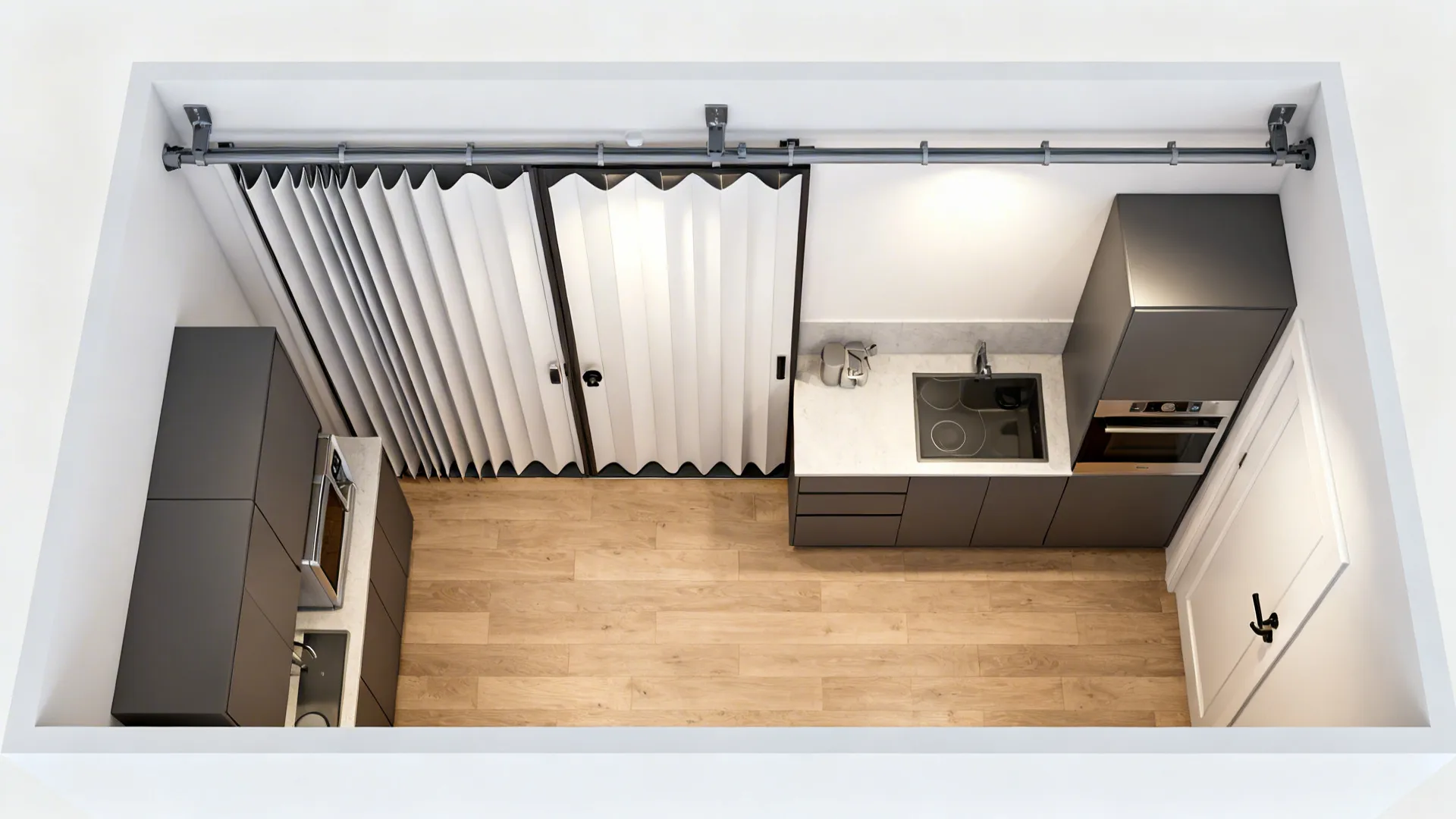 Top-down view showing ripple-fold track over a slider with clear stack-back in a compact kitchen.