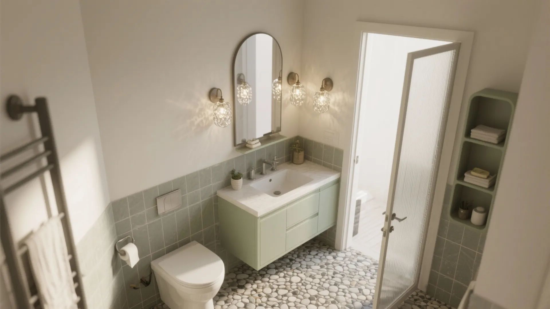 Top-down small bathroom plan with textured glass sconces, mirror spacing, clear door swing, and humidity-resistant finishes.