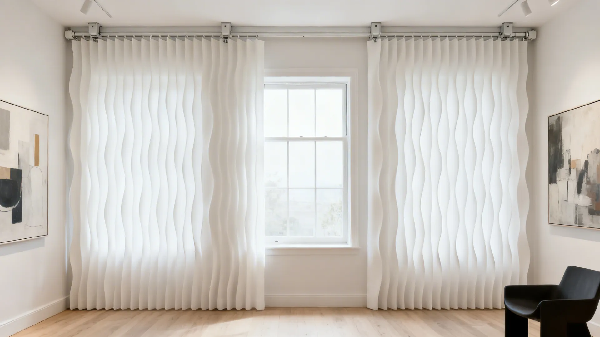 Ceiling-mounted ripplefold curtains create clean, uniform waves across three windows.