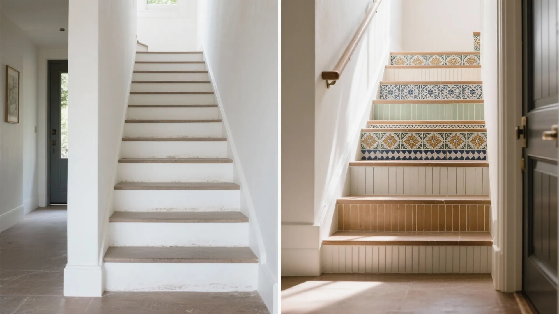Before-and-after stair risers comparing plain white with tiled, painted band, and micro-slat accent details.