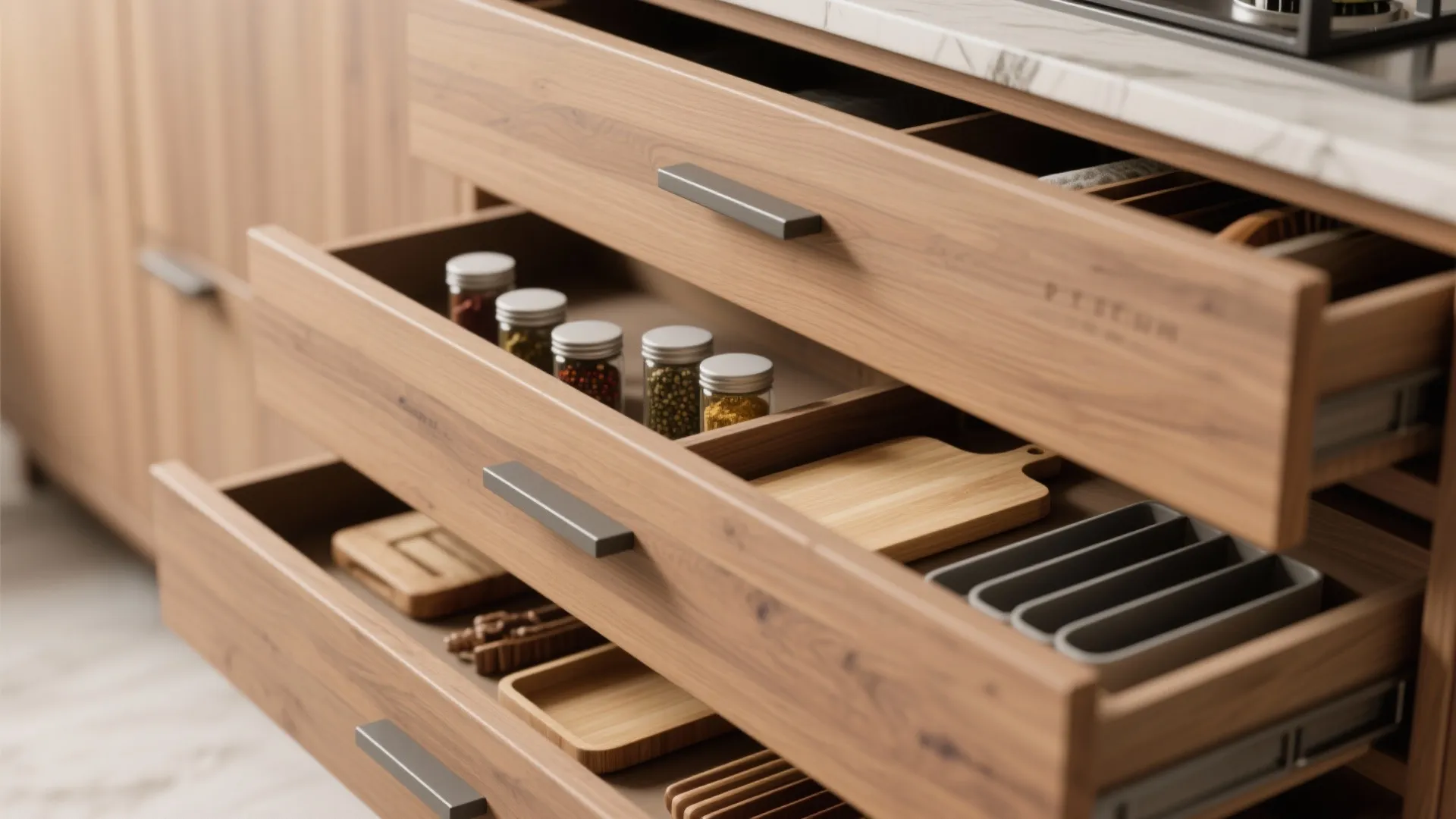 Open wooden kitchen drawers showing organized storage for spice jars cutting boards and kitchen tools