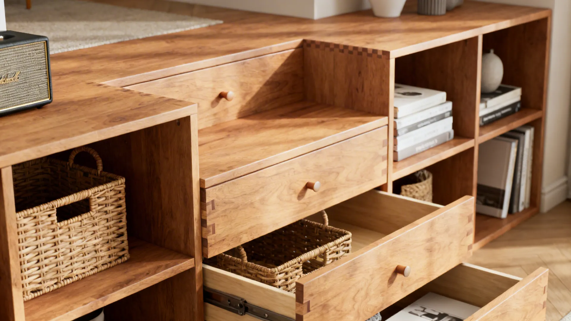 Wooden riser with pull-out drawers and open cubbies holding baskets and books.