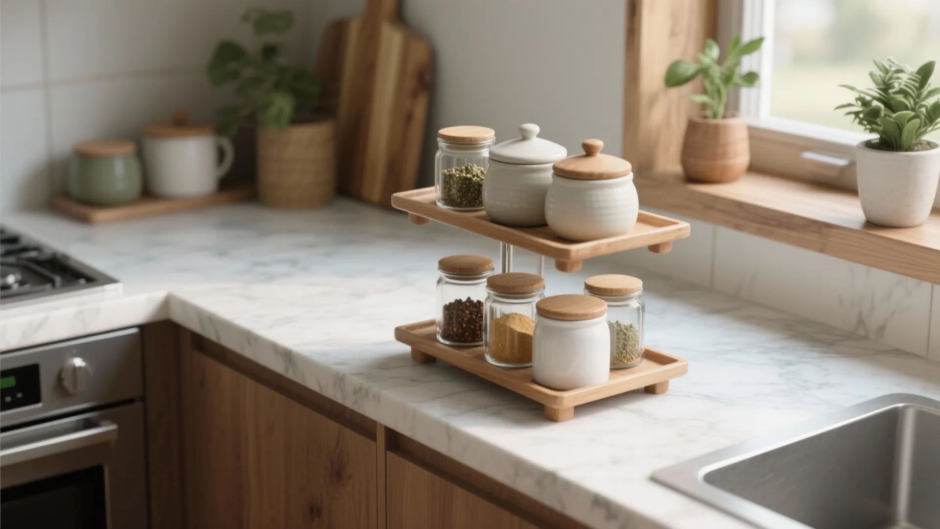 Two tier wooden shelf holding spice jars on marble countertop in a bright modern kitchen