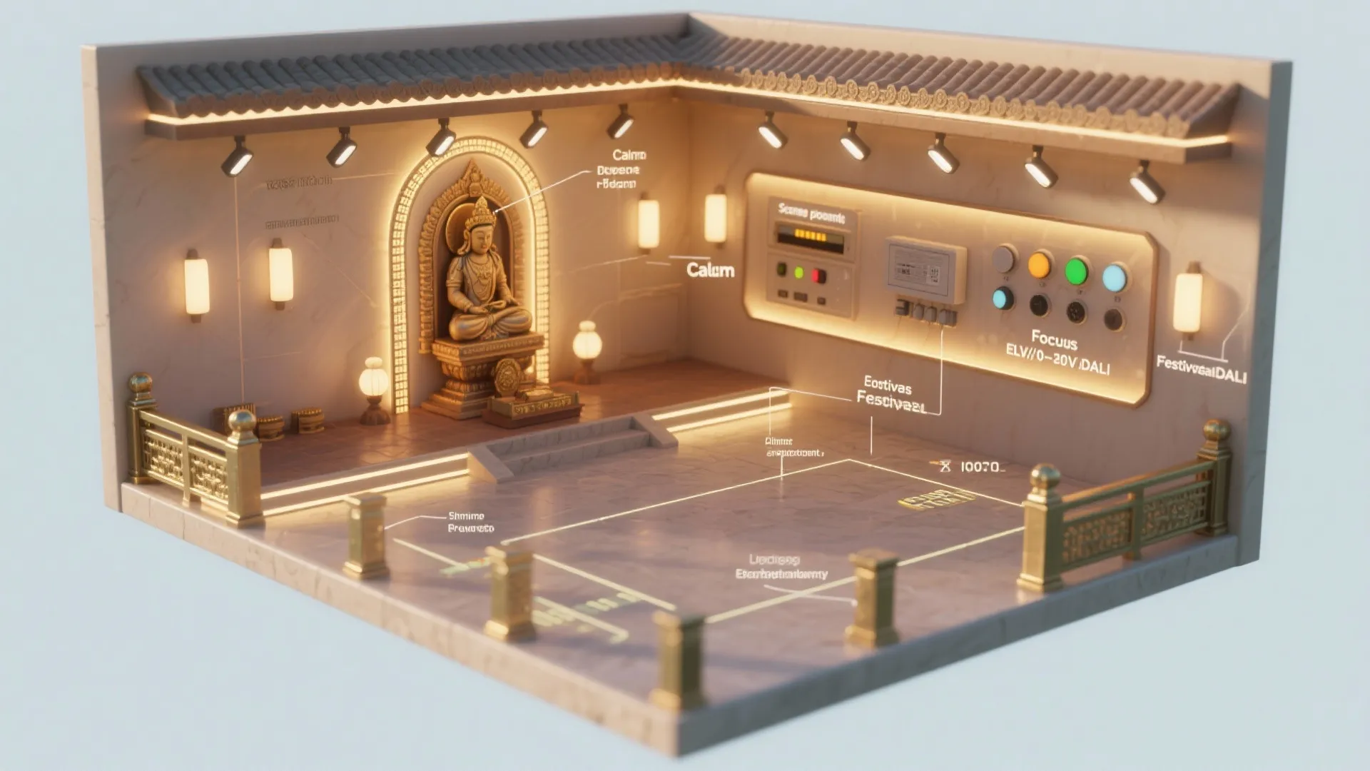 Top-down temple plan showing ambient, accent, backlight, and strip zones with scene presets and safe dimming drivers.