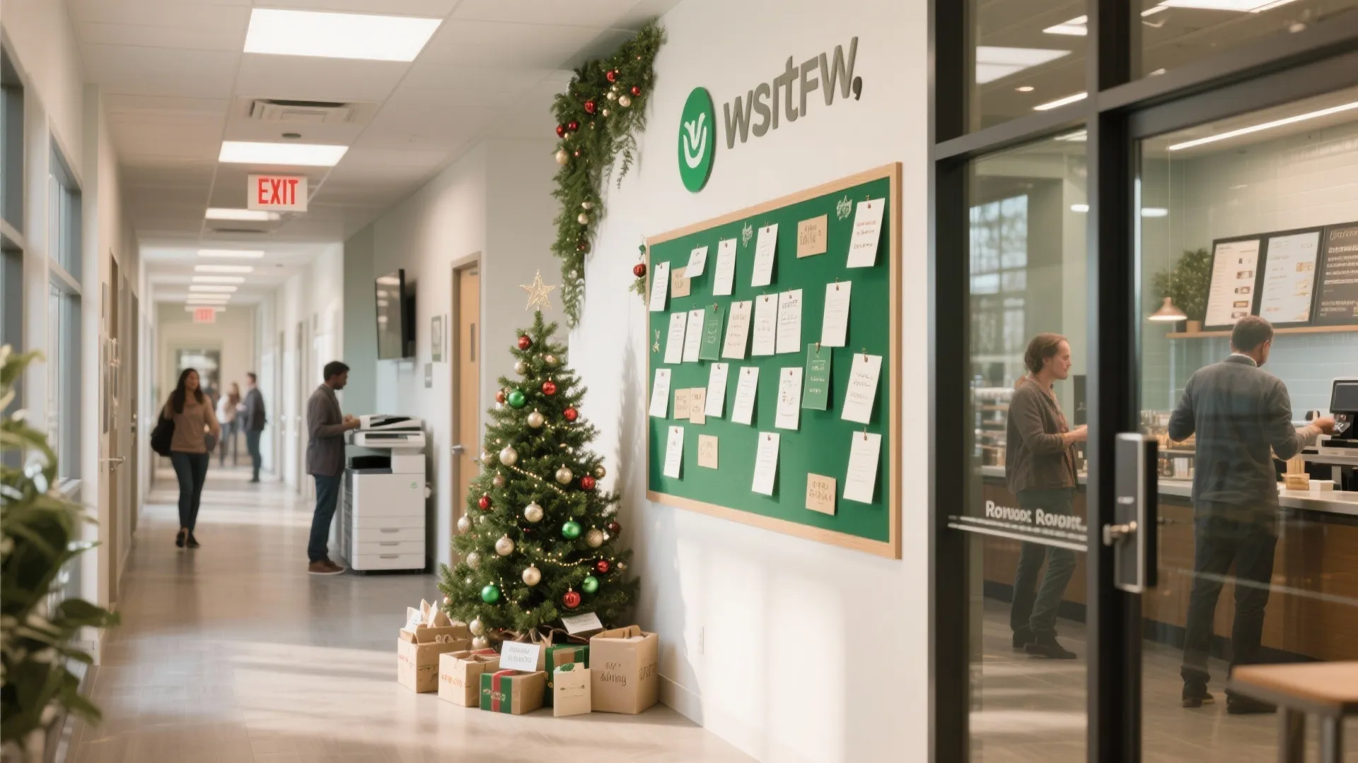 Modern office hallway featuring a green bulletin board christmas tree decorations and people walking around