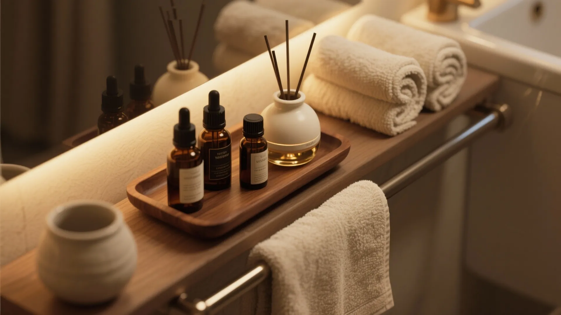Close up of wooden shelf with small oil bottles white reed diffuser and rolled towels