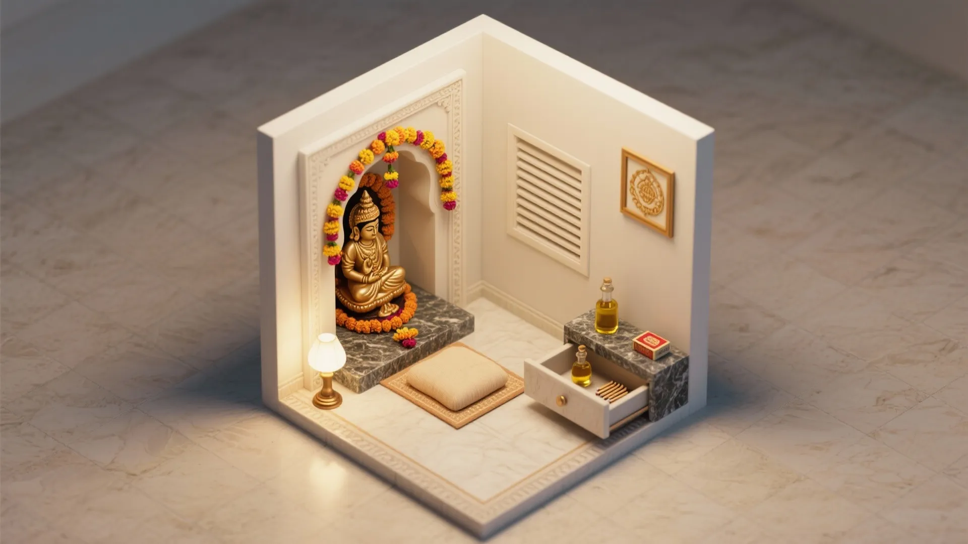 Small prayer room interior design drawing with gold statue flower garland floor cushion and table