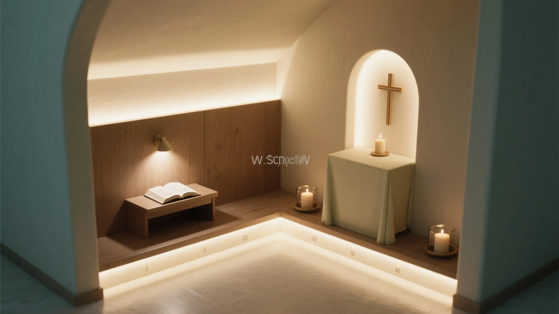 Small meditation room with wood panels, open book, altar cross, warm candles, and floor lighting