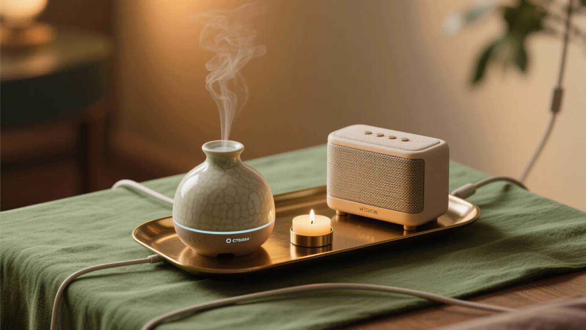 Macro of ceramic diffuser, fabric-clad mini speaker, and candle on a brass tray