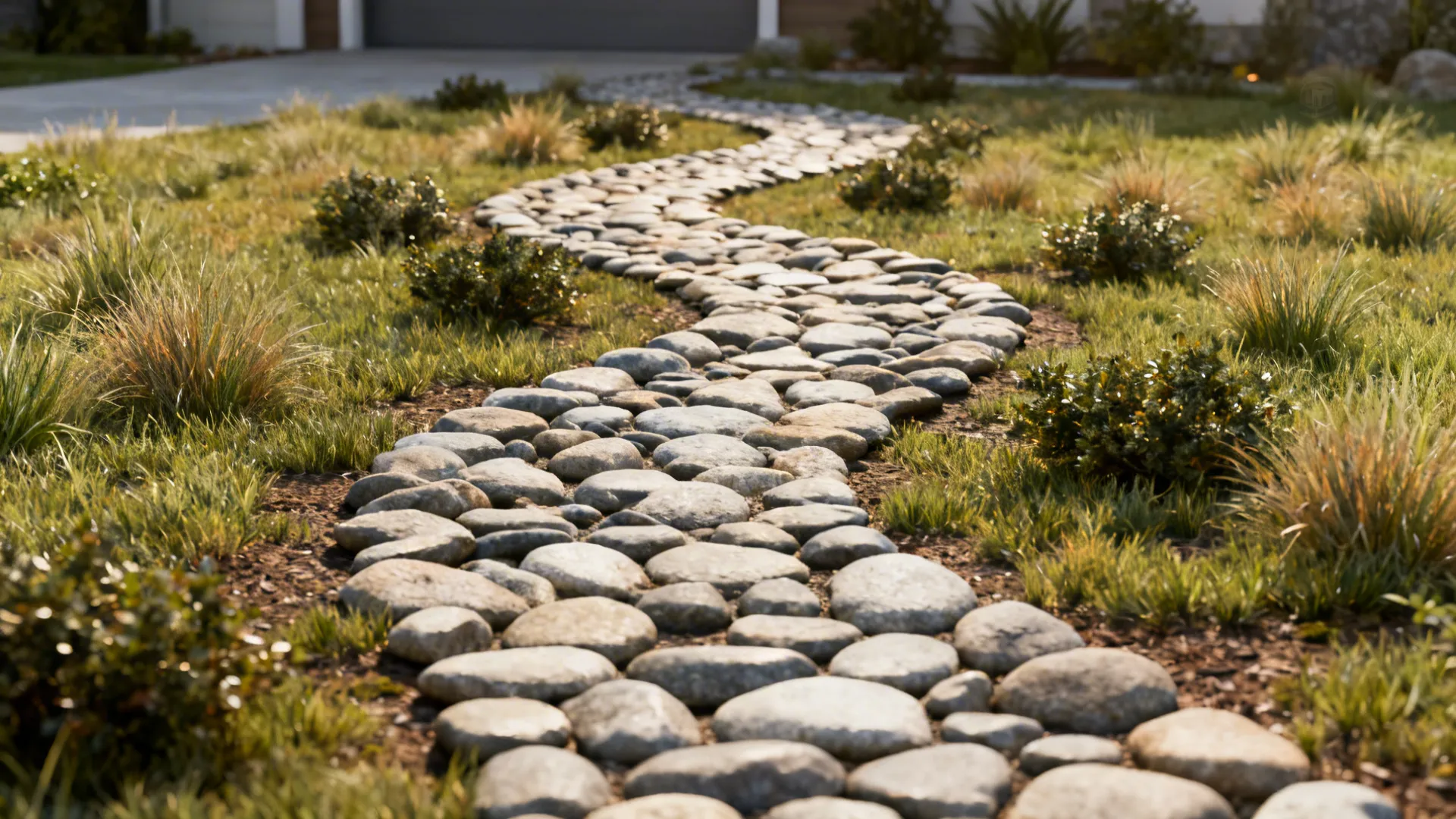 Winding river-rock path through a small front yard lined with native grasses.