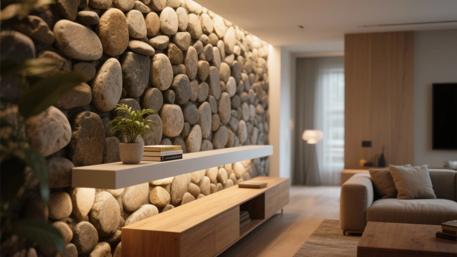 2. River rock feature with floating shelf contrast