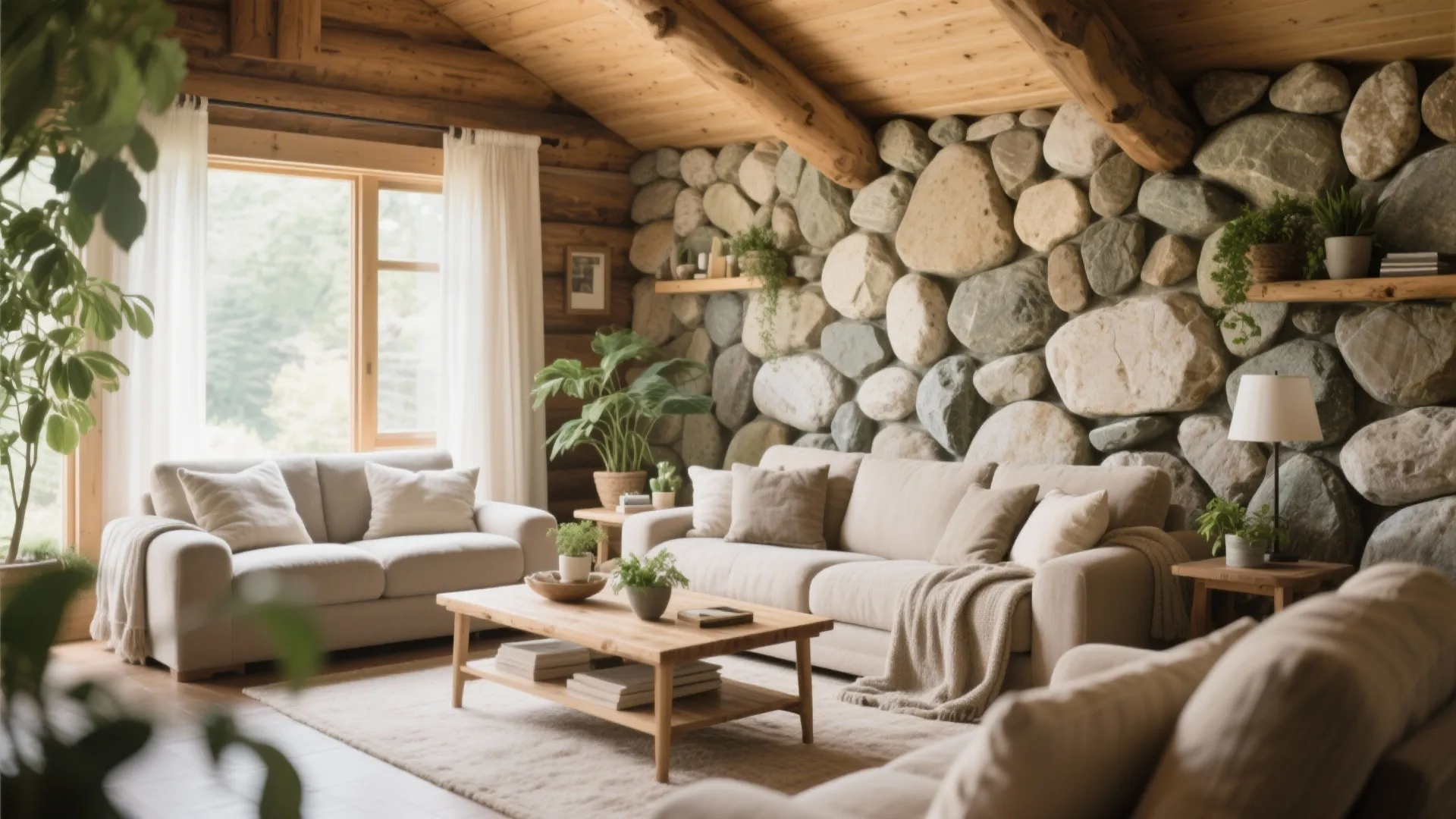 Rustic cabin living room featuring a large natural river rock wall with cozy cream sofas
