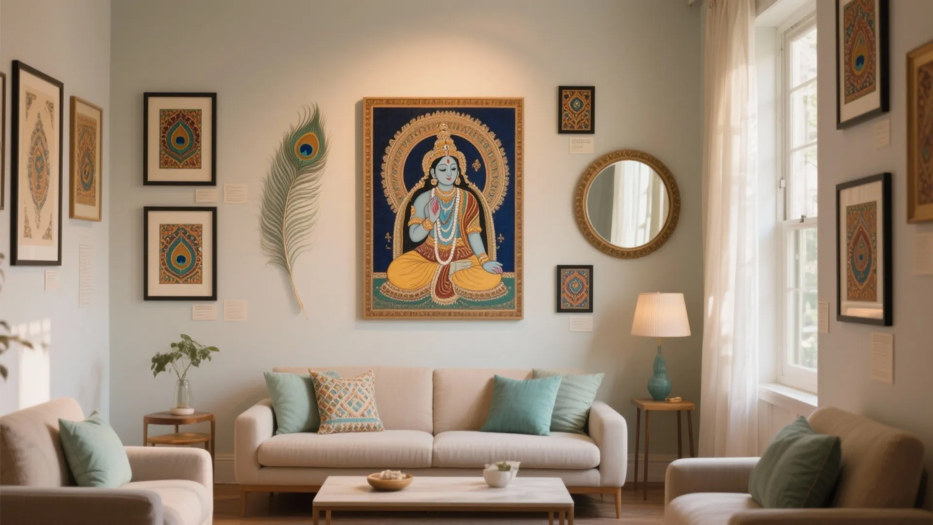 Modern living room featuring a gallery wall with framed art and a white fabric sofa