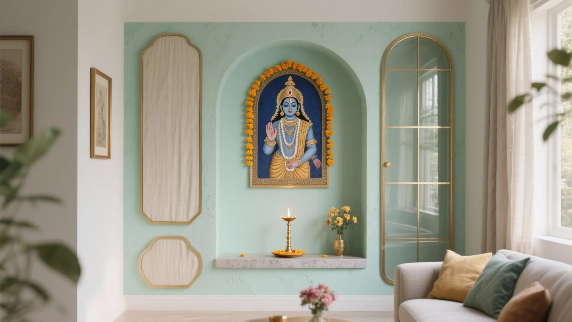 Interior design drawing of a prayer niche with blue wall art and light green paint