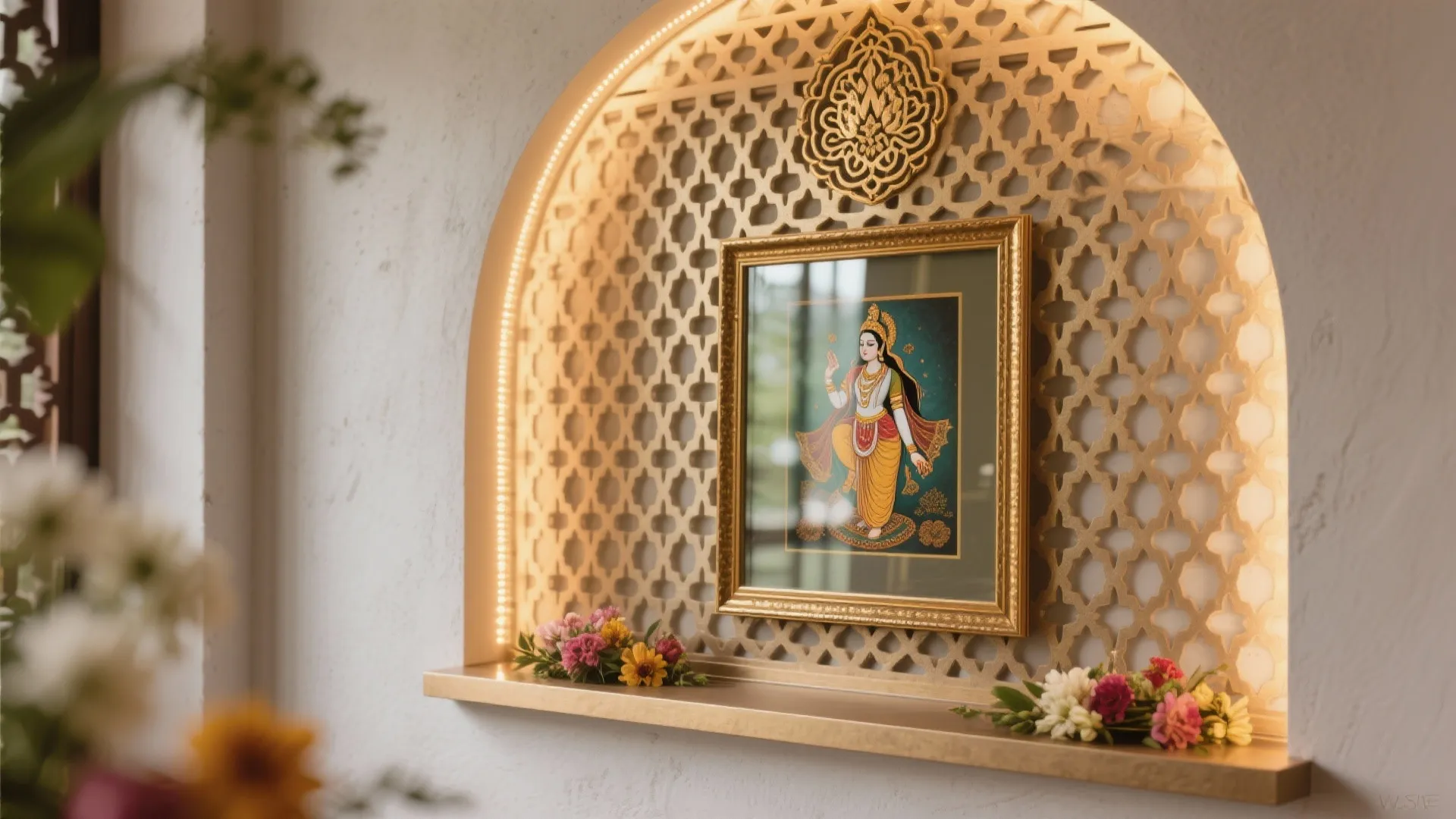 Indian prayer room niche with golden pattern wall light and framed artwork on small shelf