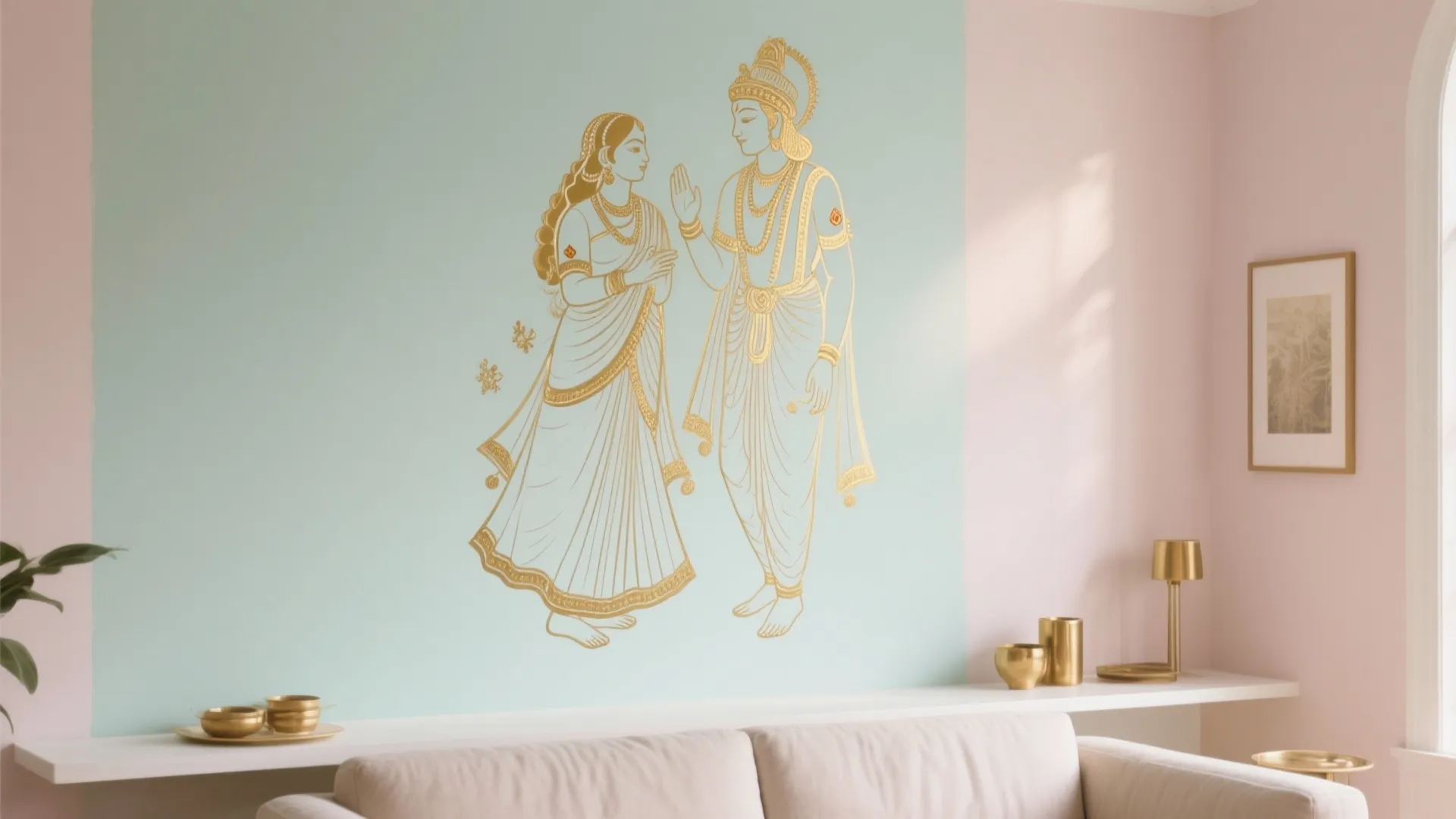 Interior design drawing with gold wall art showing figures on a light blue painted wall