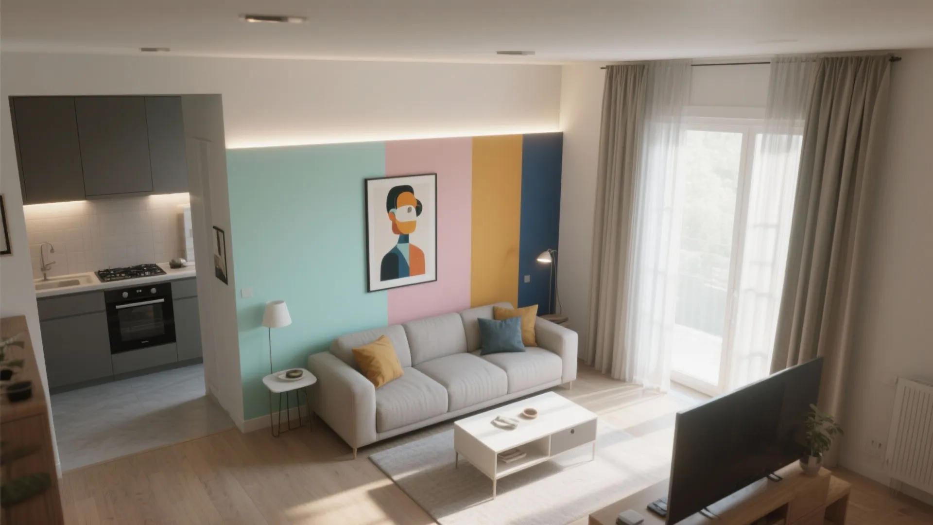 Modern apartment interior design drawing with colorful wall panel sofa coffee table and kitchen area