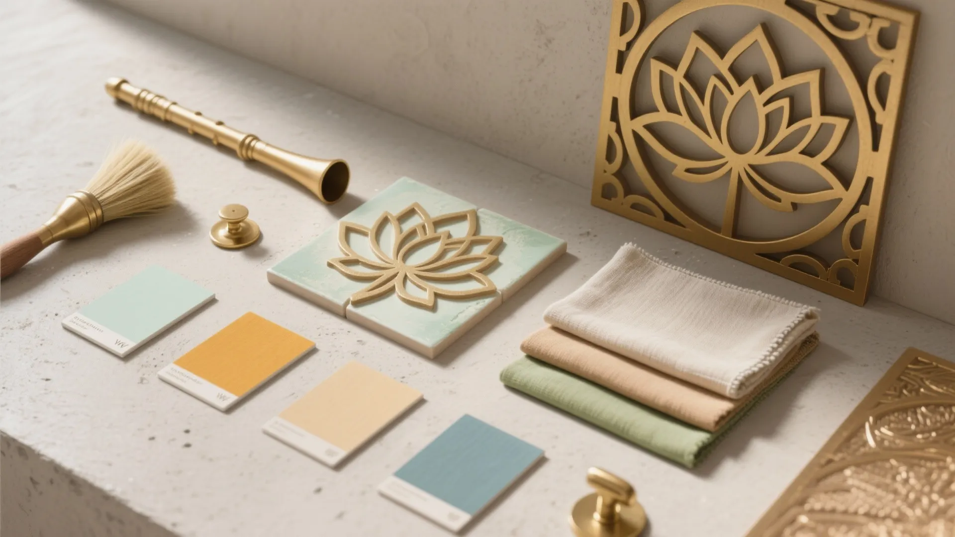 Interior design mood board with color samples fabric pieces golden lotus decoration and brush tools