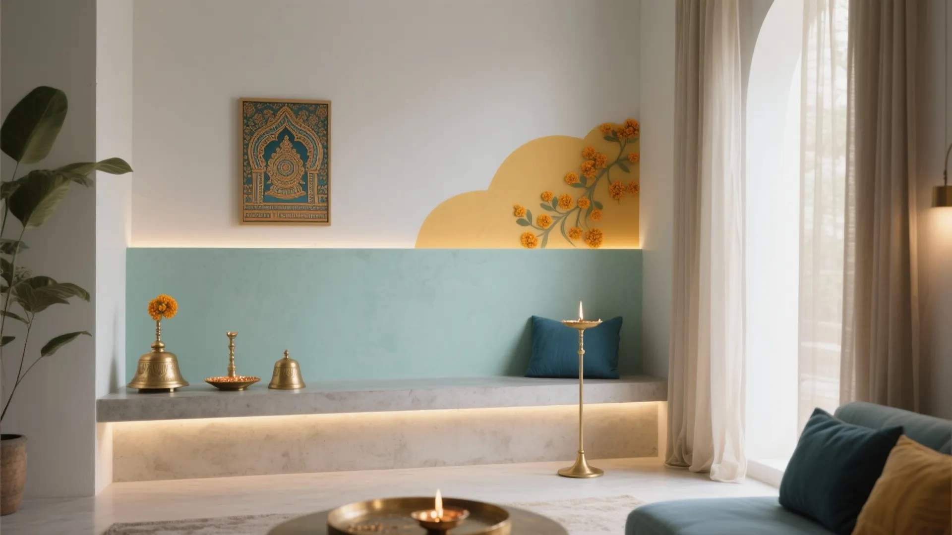 Minimalist living room corner with built-in stone bench and decorative yellow wall art and flowers