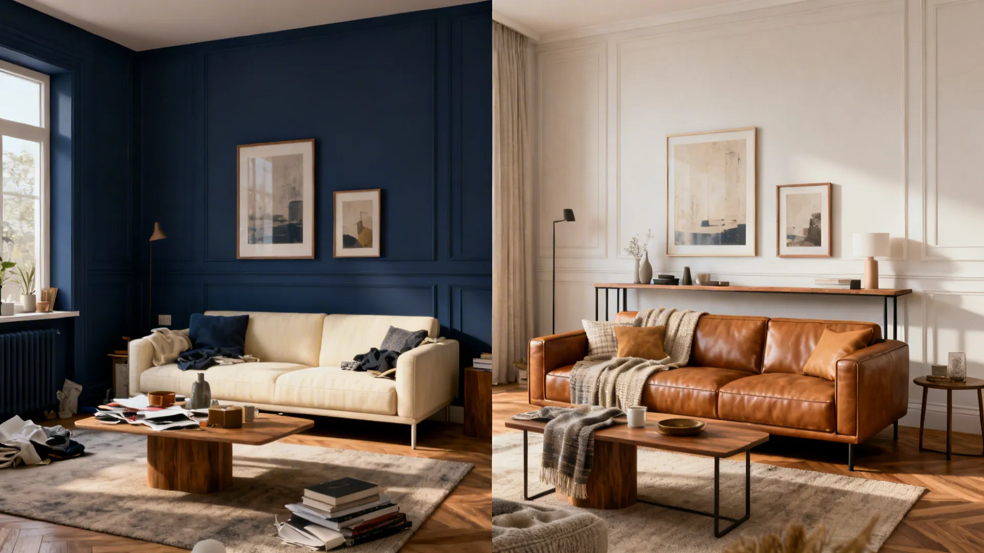 Before-and-after of a small living room transformed with a leather sofa, layered textiles, and heritage accents.