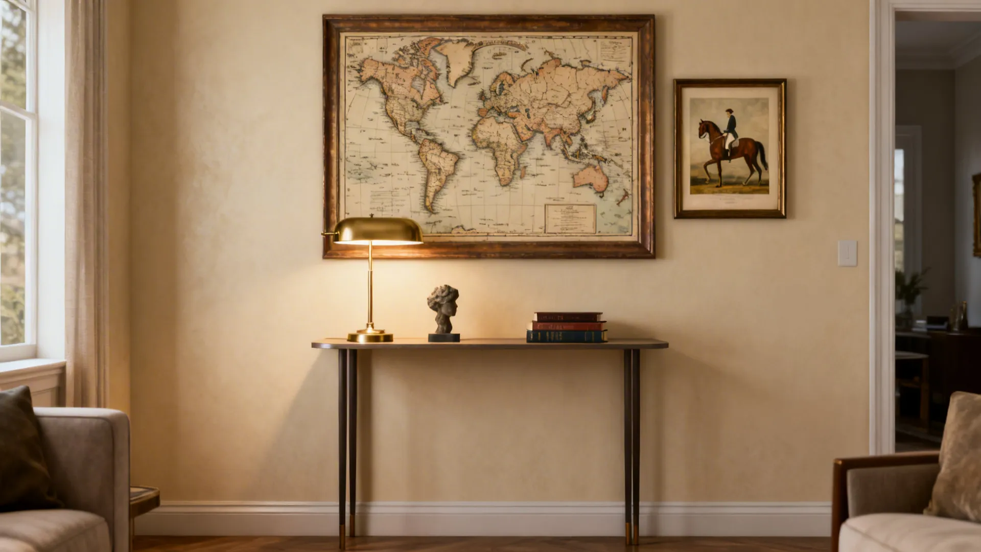 Curated focal wall with an antique map, equestrian print, and slim console in a small living room.