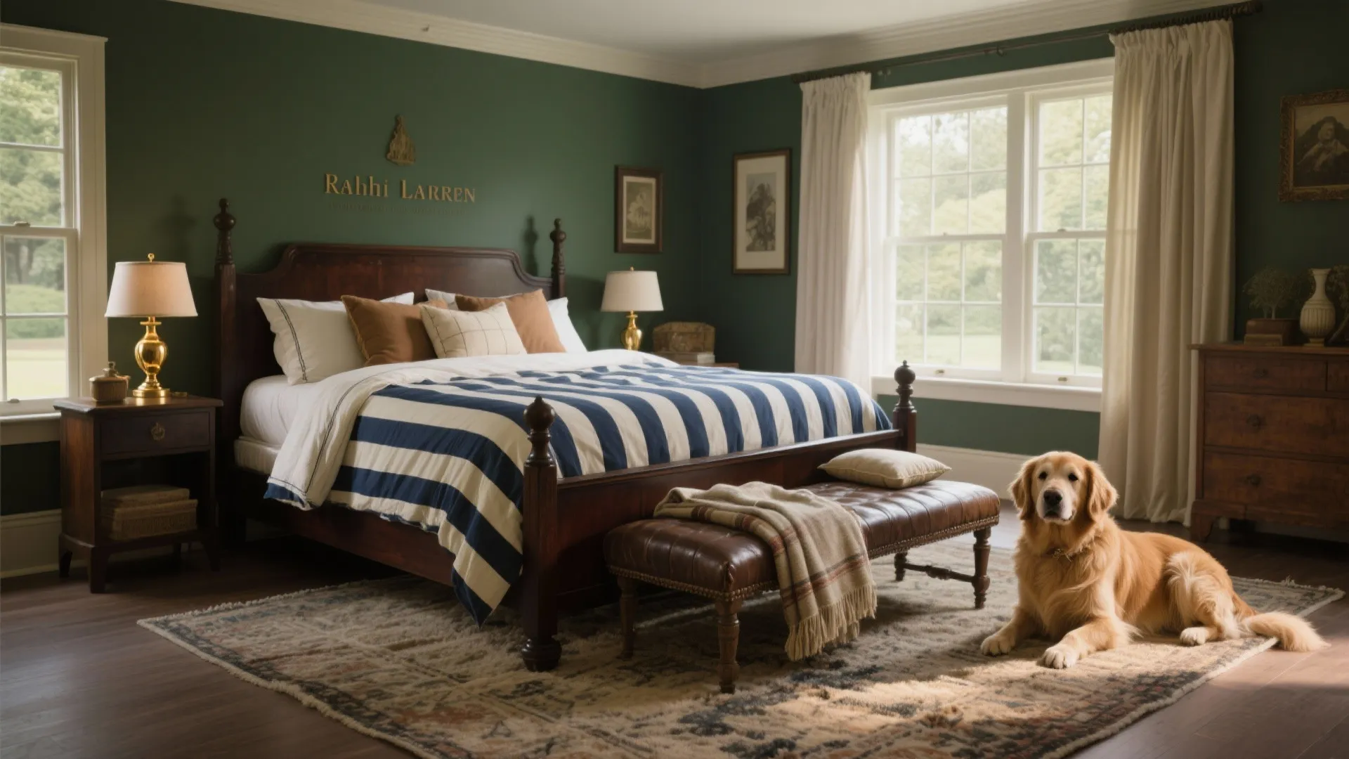 Classic bedroom with green walls wooden bed striped blanket leather footrest a dog and curtains