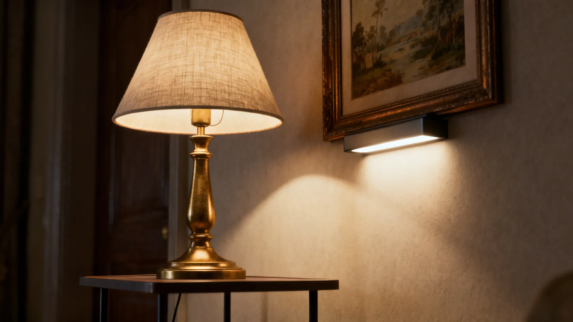 Layered lighting with a brass table lamp and picture light in a small living room.