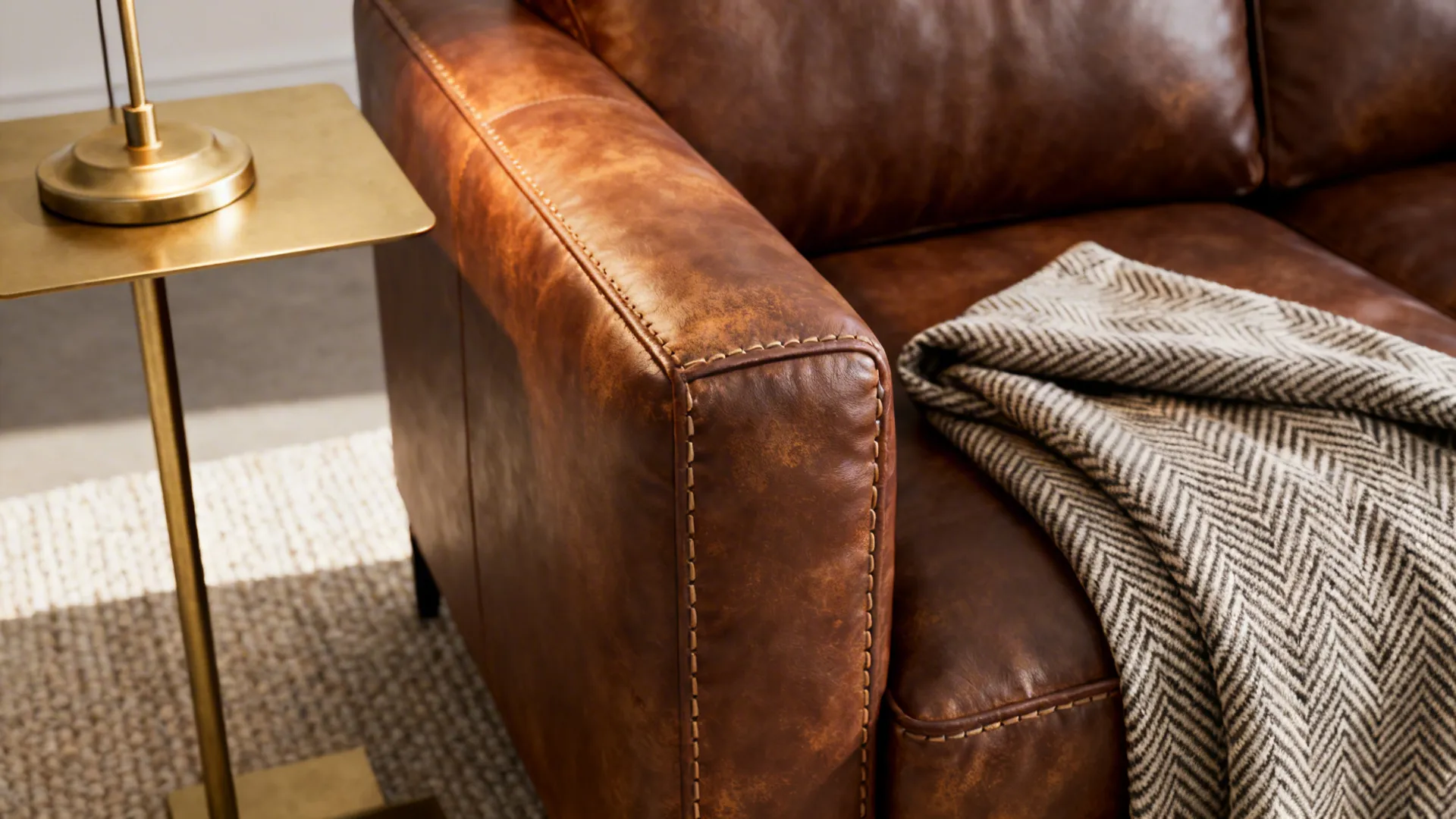 Close-up of a compact tobacco leather sofa with a herringbone throw and brass side table.