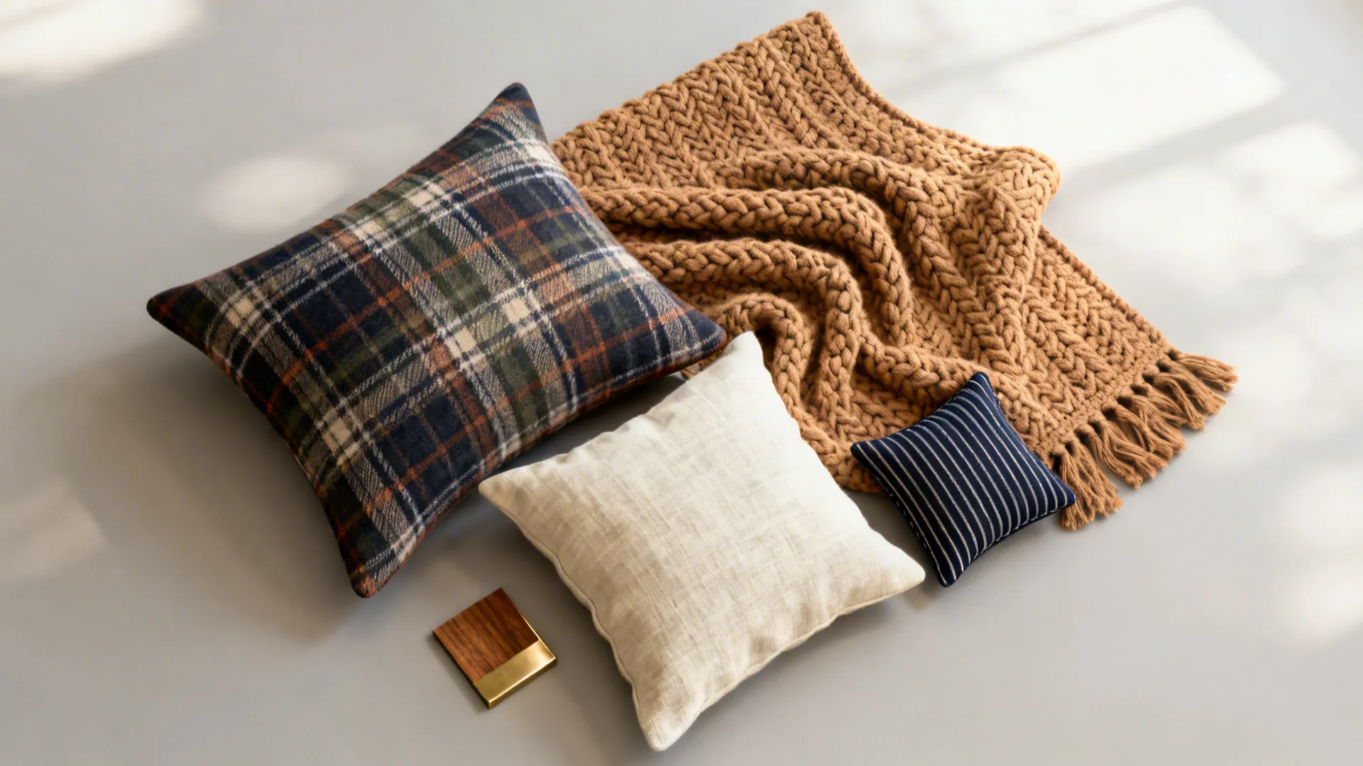 Top-down flatlay of wool plaid pillow, chunky knit throw, linen cushion and material samples.