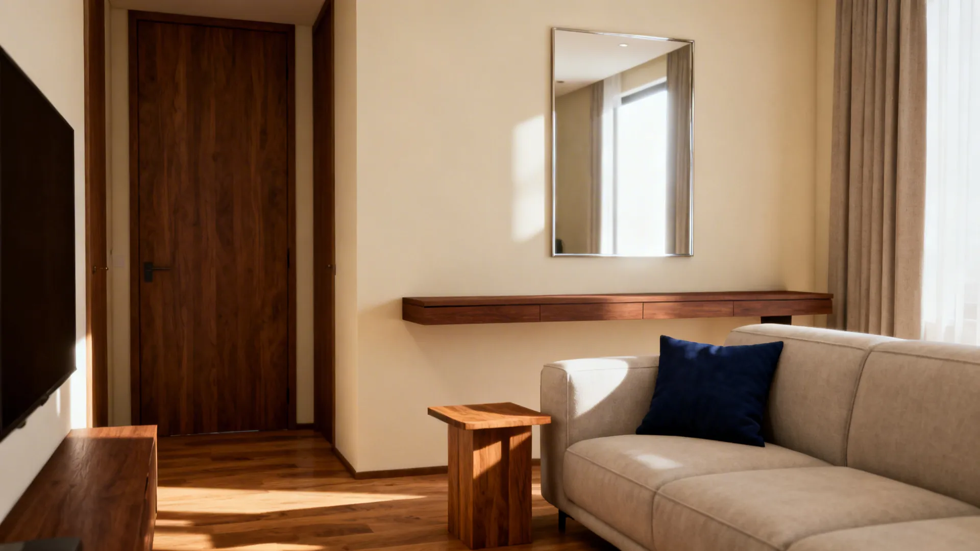 Small living room with walnut console, oak side table, warm wood floor and cream walls.