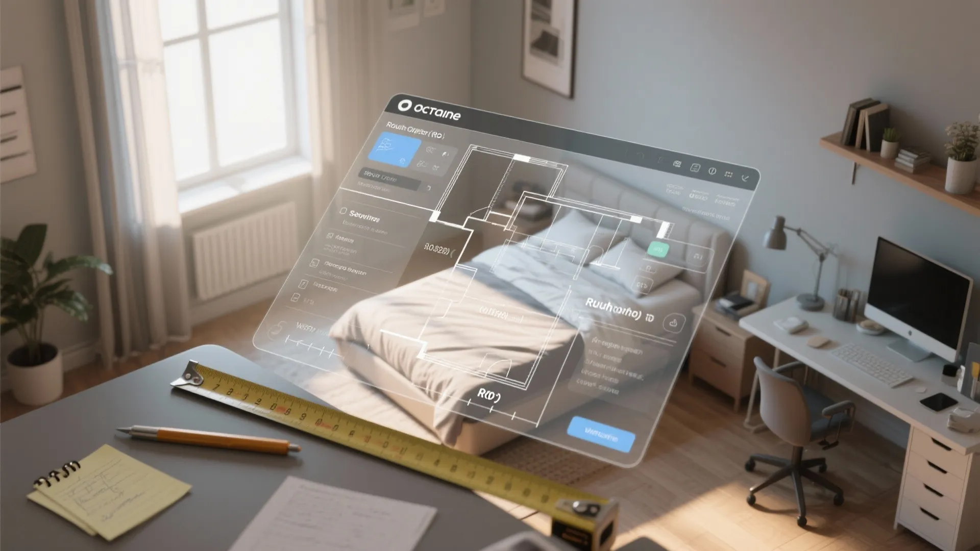 3D floor planner screenshot with rough opening measurements and a tape measure on a desk.