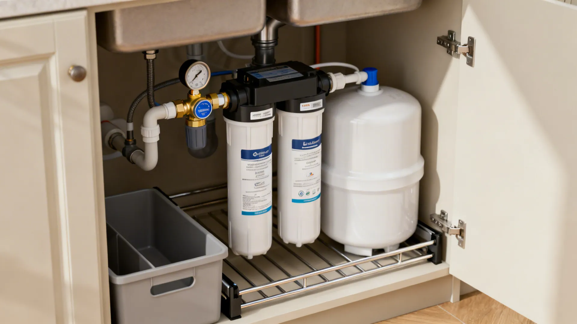 Close-up of RO canisters, valves, and pull-out bin hardware in an under-sink cabinet.
