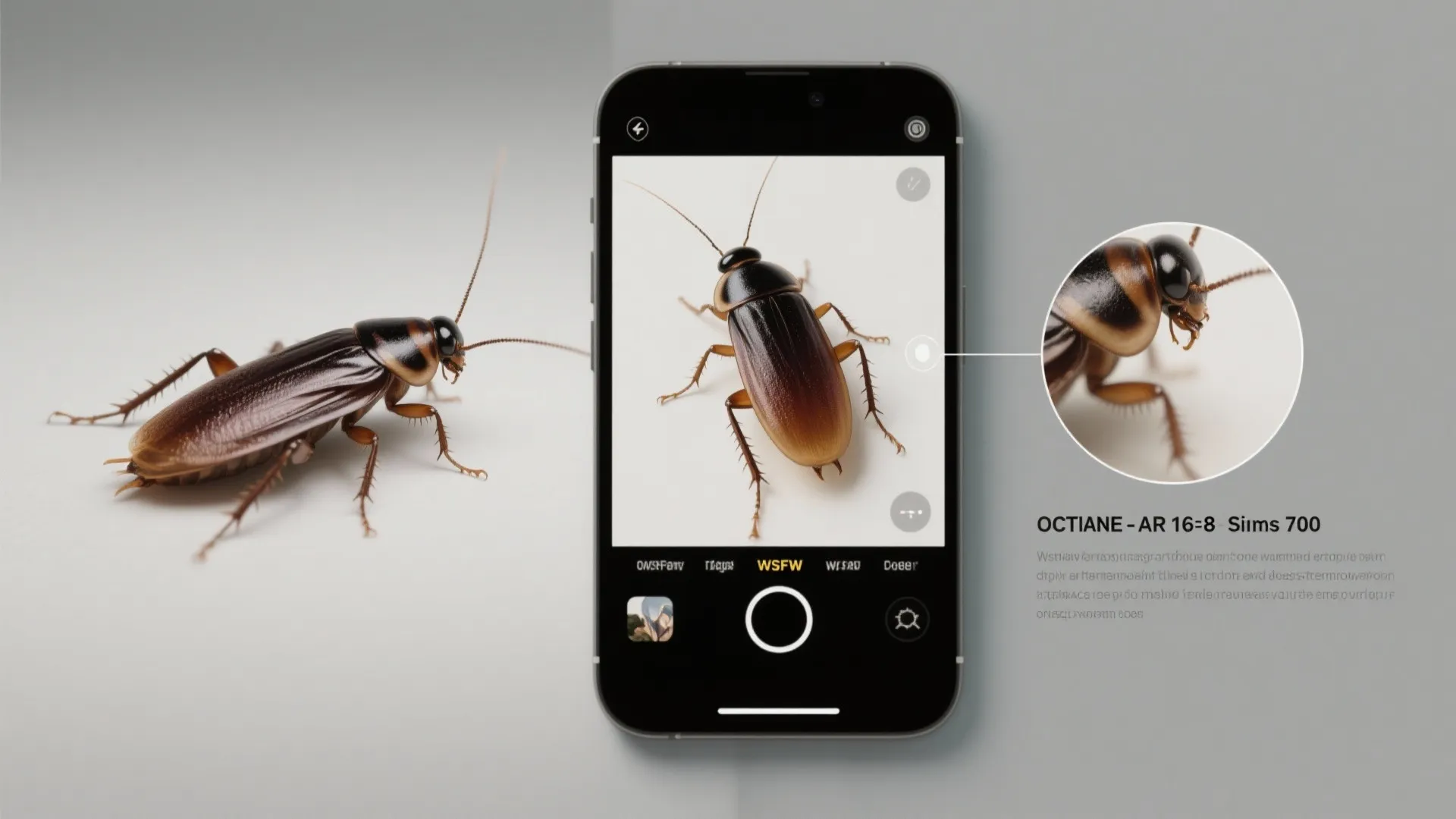 A phone taking a picture of a brown pest with a zoomed in detail view circular