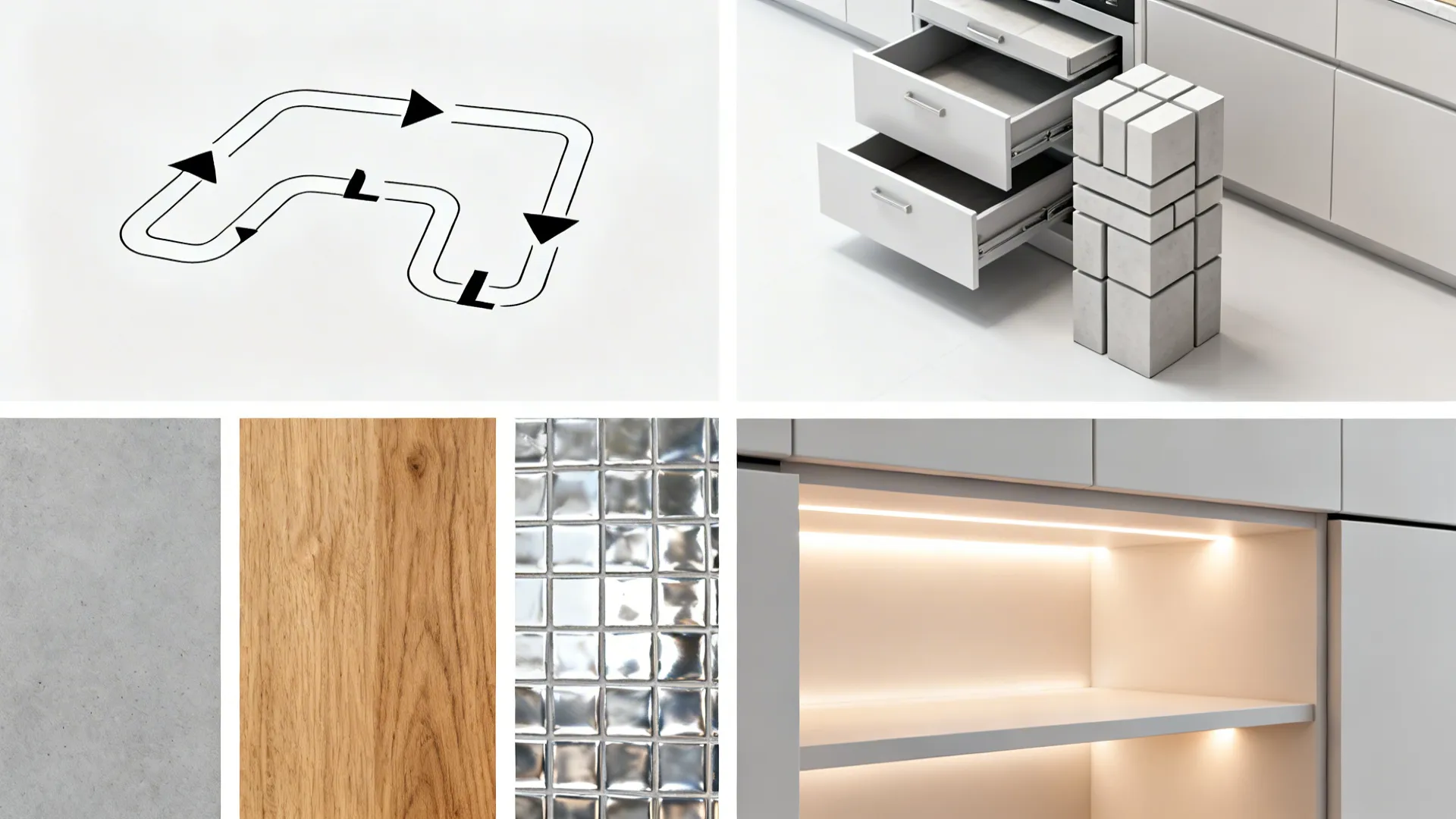 Top-down sequence showing layout, storage, finish, and lighting steps for a small kitchen plan.