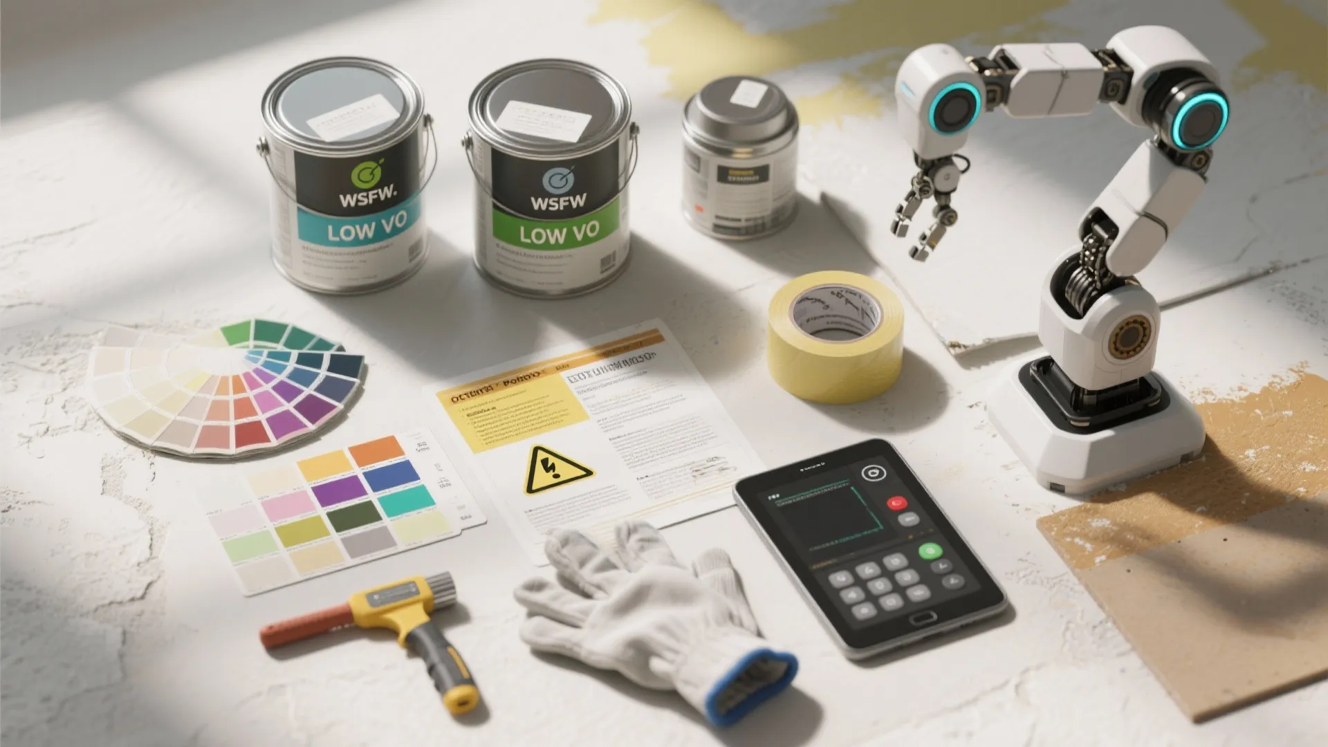 Flatlay of paint swatches, low-VOC cans, masking tape, gloves and a robot controller tablet illustrating tools and safety for robot painting projects.