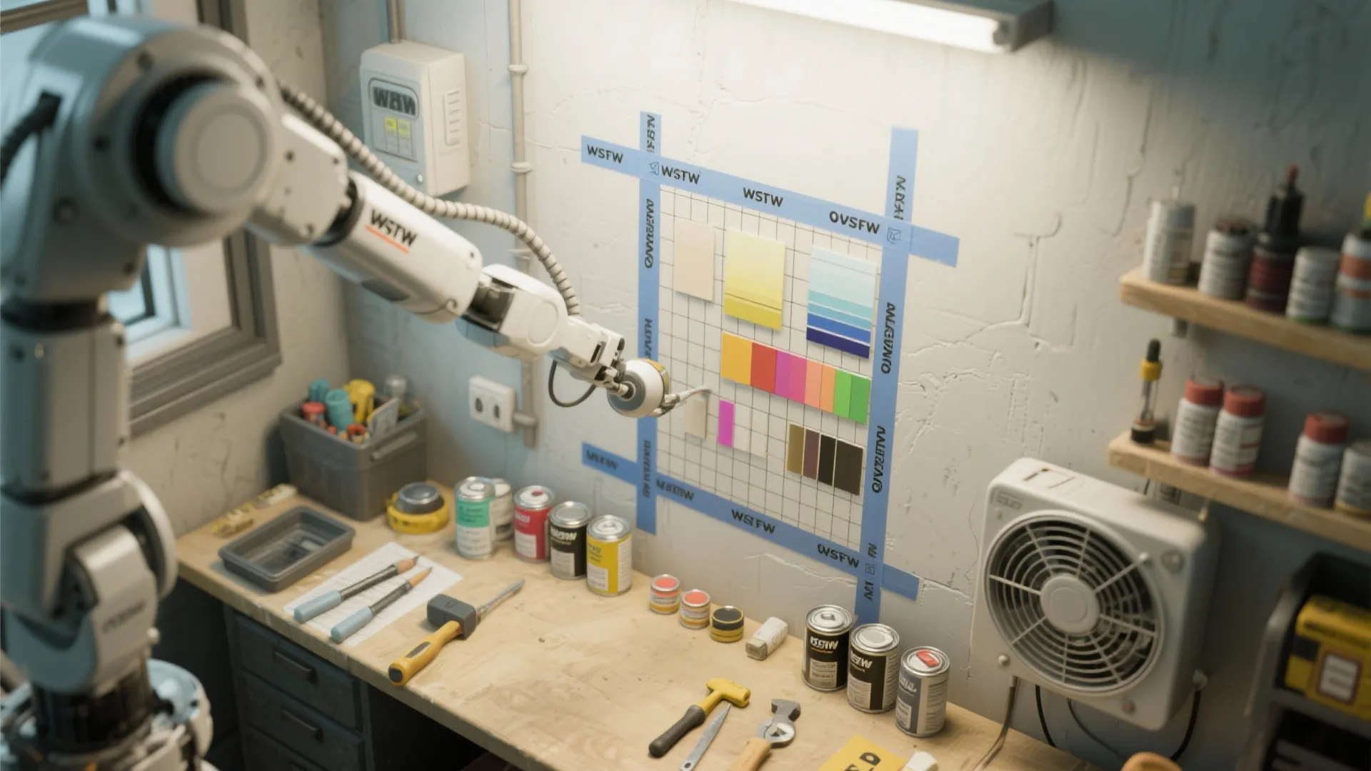 Top-down view of a robot test-wall setup with masking tape, paint swatches, ventilation, and tools organized for sampling and setup.