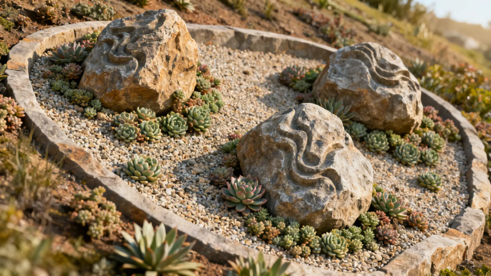 Close-up of boulders with sedums and gravel in a xeriscape rock garden on a slope.